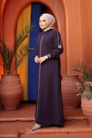 Zippered Damson Modest Abaya 26381MU - 2