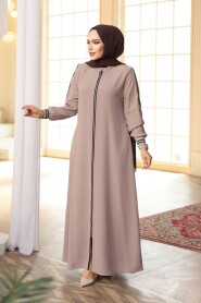Zippered Dark Beige Modest Abaya 26381KBEJ - 1