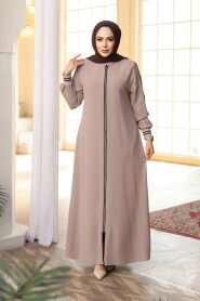 Zippered Dark Beige Modest Abaya 26381KBEJ - 2