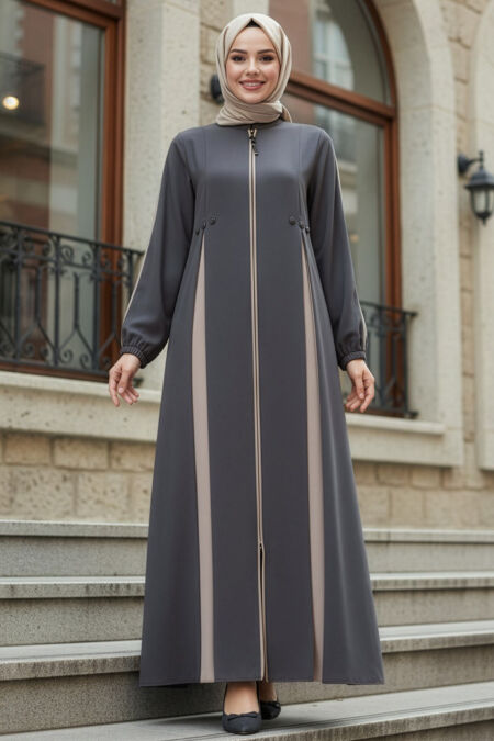 Zippered Dark Grey Modest Ferace 45288KGR - 