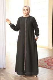 Zippered Dark Khaki Modest Abaya 26381KHK - 2