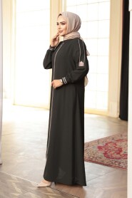 Zippered Dark Khaki Modest Abaya 26381KHK - 3