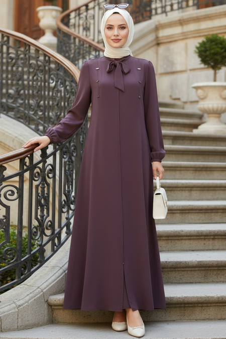 Zippered Dark Mink Modest Abaya 85102KV - 