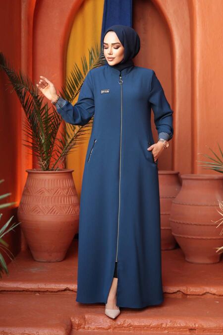 Zippered Indigo Blue Modest Abaya 26371IM - NEVA STYLE