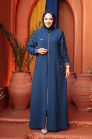 Zippered Indigo Blue Modest Abaya 26371IM - 2