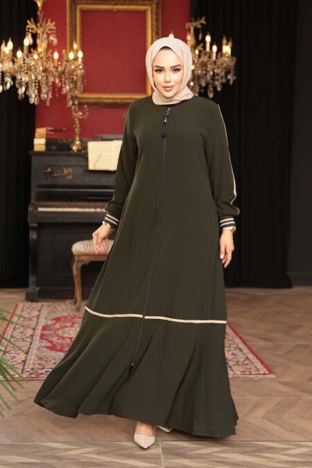 Zippered Khaki Modest Abaya 26212HK - NEVA STYLE