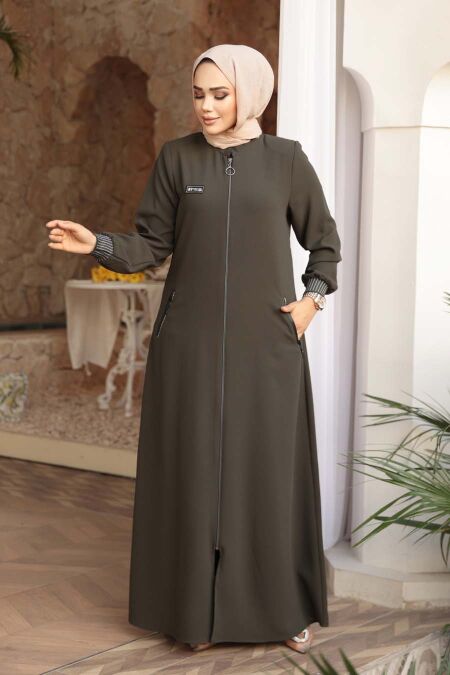 Zippered Khaki Modest Abaya 26371HK - NEVA STYLE