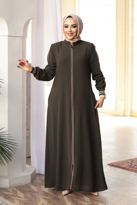 Zippered Khaki Modest Abaya 26381HK - NEVA STYLE