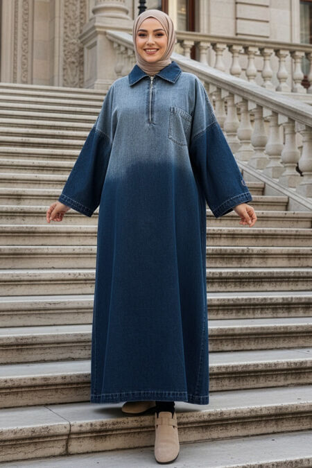 Zippered Navy Blue Blue Denim Modest Dress 19052LM - 