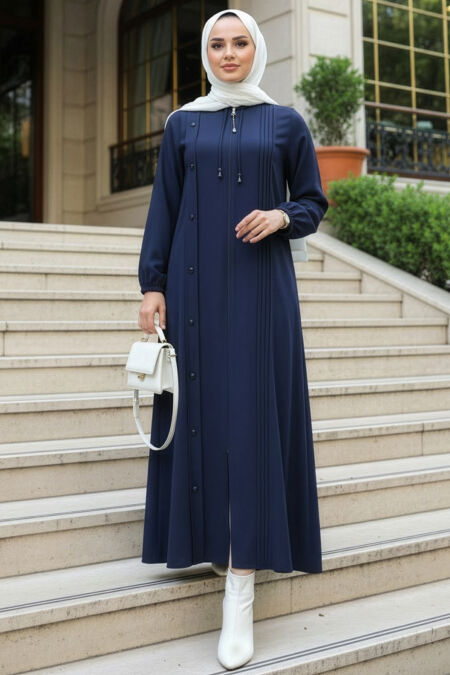 Zippered Navy Blue Modest Abaya 45309L - 