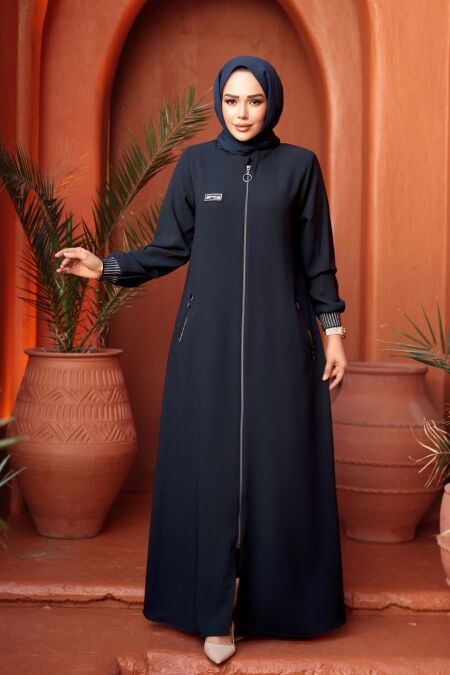 Zippered Navy Modest Abaya 26371L - NEVA STYLE