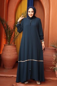 Zippered Petrol Blue Modest Abaya 26212PM - 2