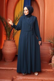 Zippered Petrol Blue Modest Abaya 26431PM - 1